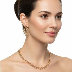 Vintage Gold Tone Flat Curb Chain Necklace & Matching Dangle Hoop Earrings Set